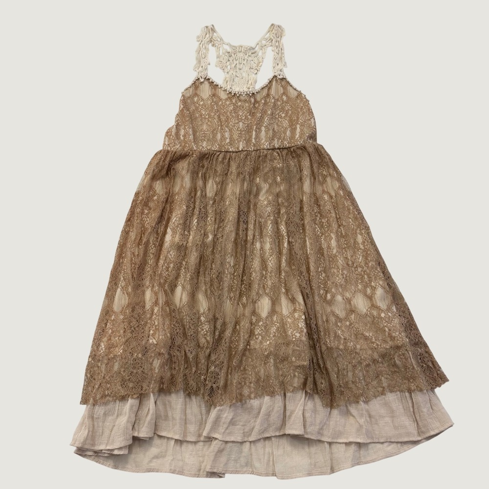 A'reve Dress Womens Large Tan Cream Lace Crochet Racerback Tiered Boho Hi Low